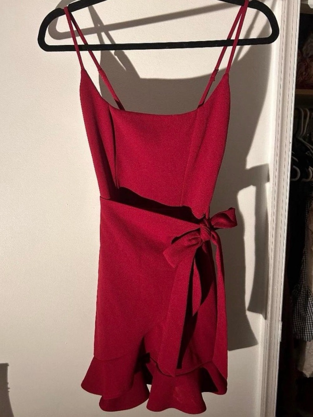 Lucy in the Sky Red Spaghetti-Strap Tie-Waist Ruffle Mini Dress